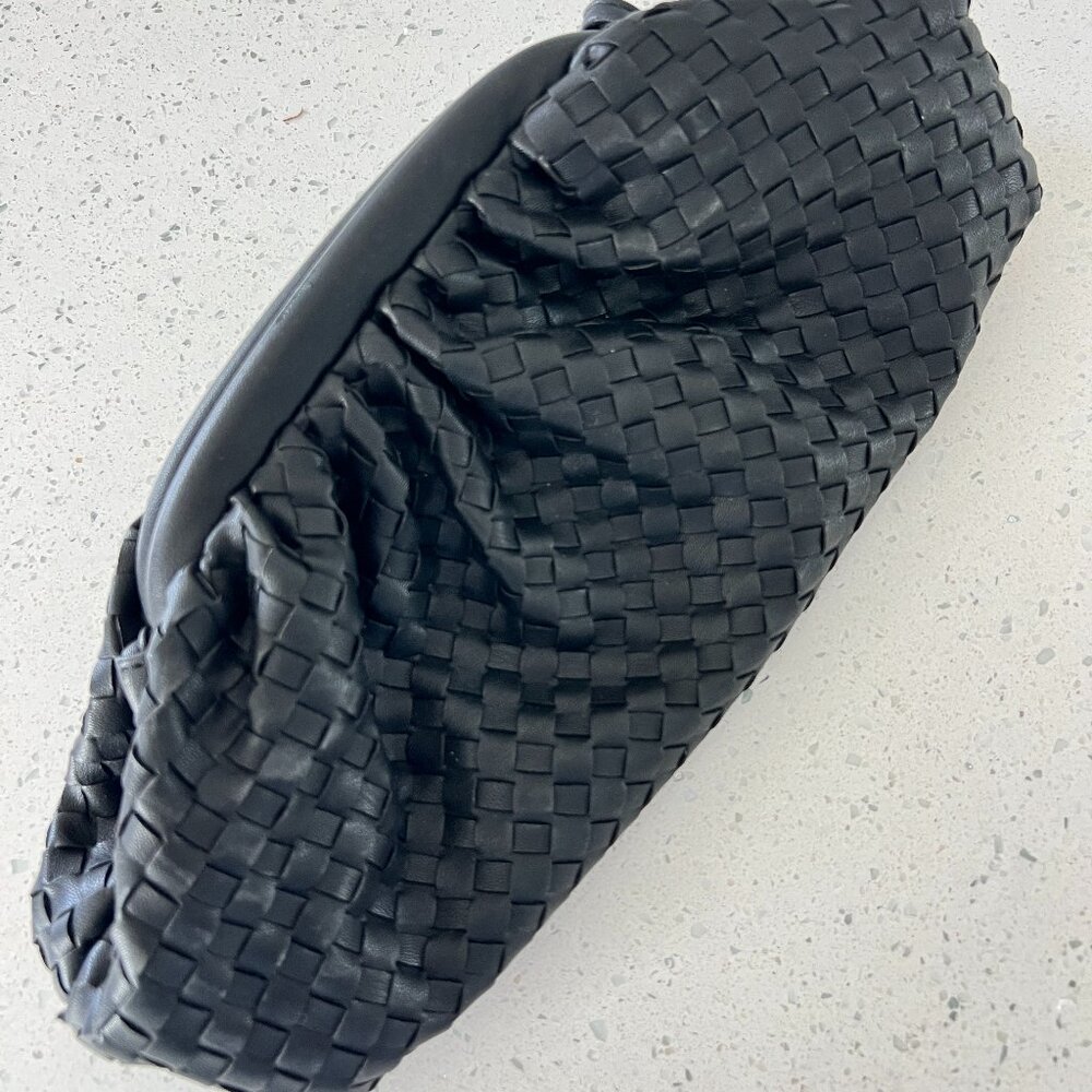 Intrecciato Woven Black Faux Leather Pouch Clutch with Strap - Picture 2 of 10